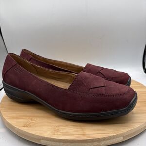 Hotter Havana Women's US 10 Low Wedge Loafer Burgundy Nubuck Woven Leather Toe